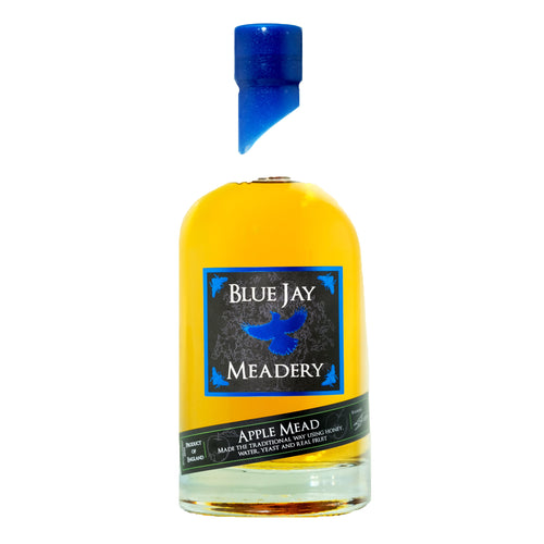 Bottle of Blue Jay Meadery Apple Mead with blue cap on white background
