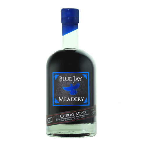 Bottle of Blue Jay Meadery Cherry Mead on a white background