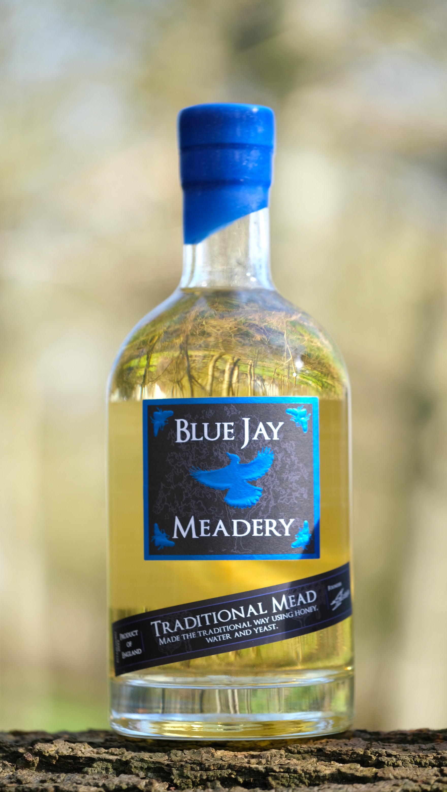 Bottle of Blue Jay Meadery Traditional Mead with a blue cap on a blurred natural background