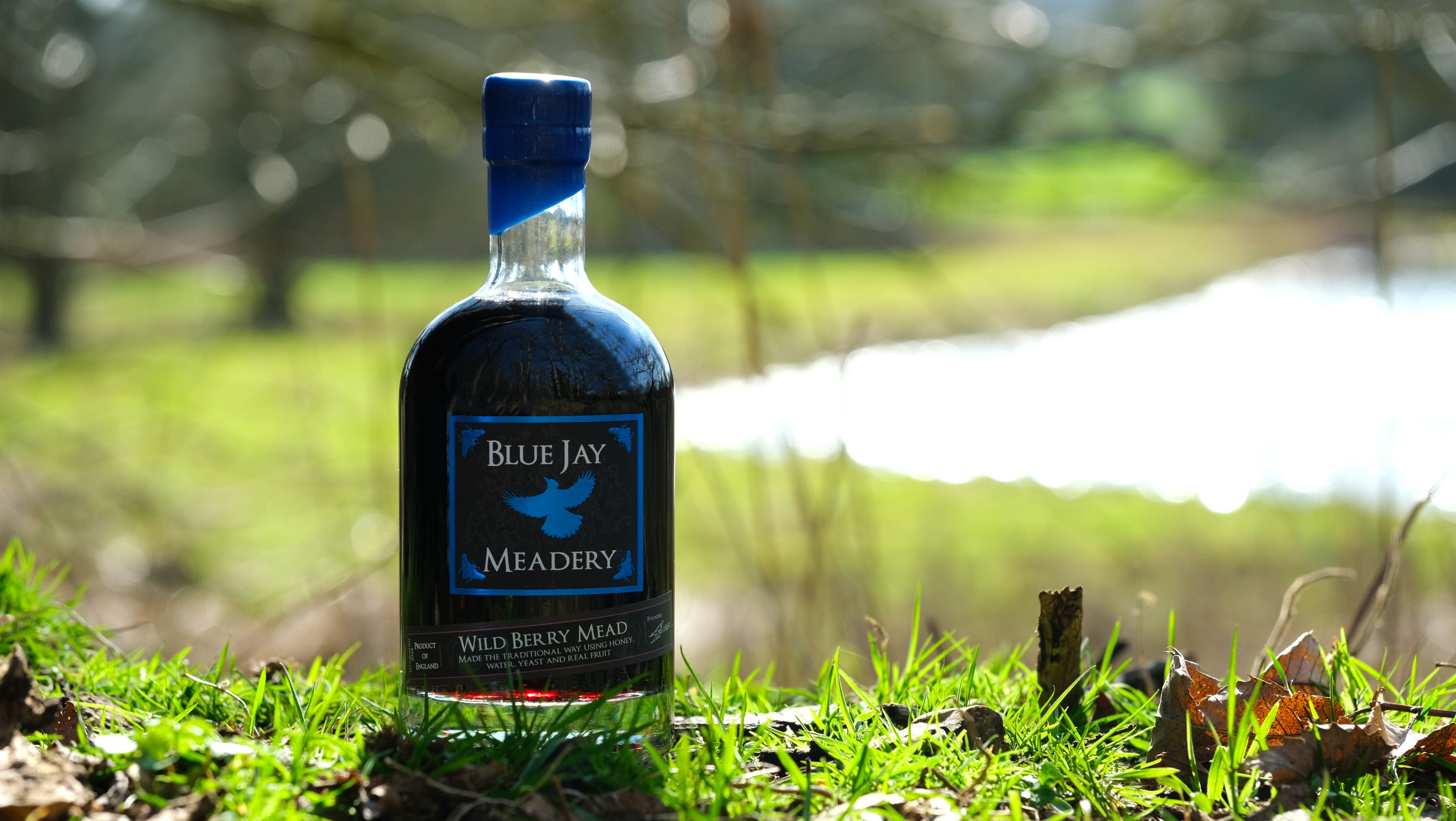 Blue Jay Meadery bottle on grass with blurred background