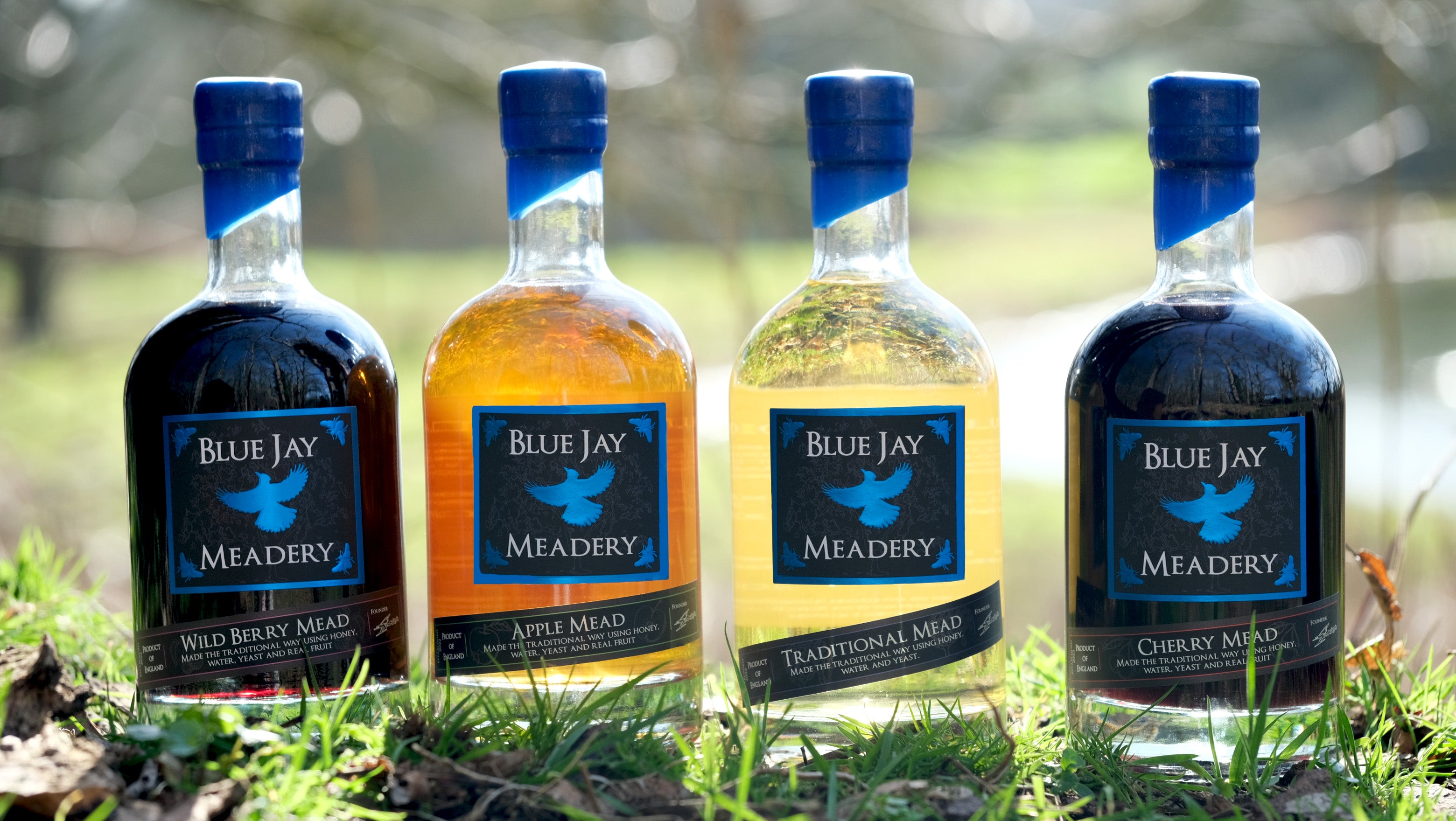 Four bottles of Blue Jay Meadery meads on grass with a blurred natural background