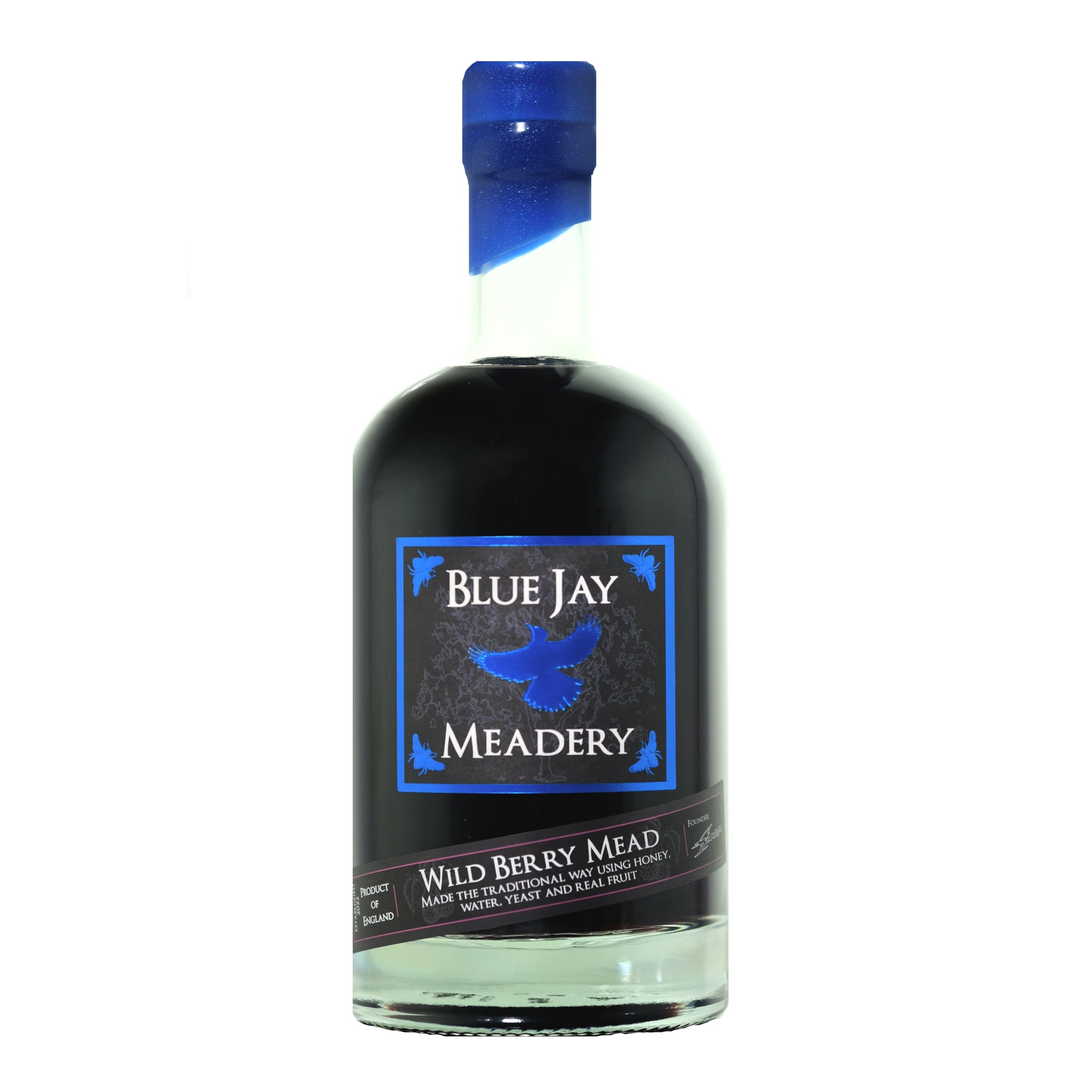 Bottle of Blue Jay Meadery Wild Berry Mead on a white background